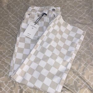 Tan & white checkered straight leg pants
